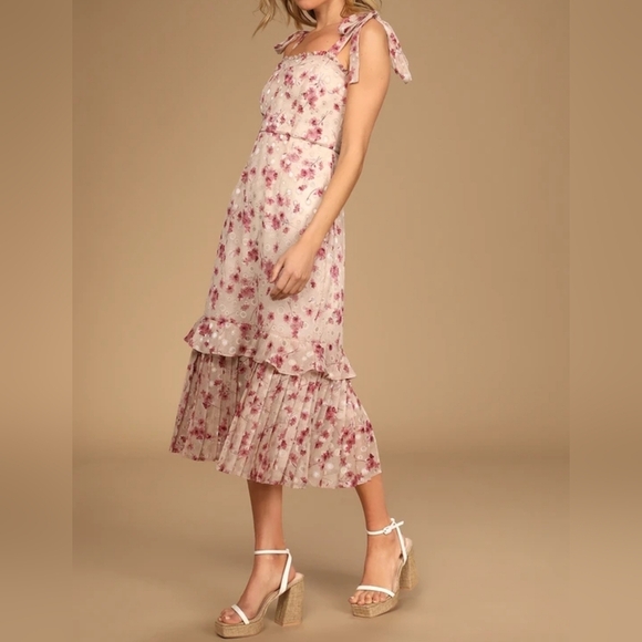 Lulus Terrace Views Taupe/ Pink Floral Print Tiered Midi w Tying Shoulder Straps - Picture 5 of 14